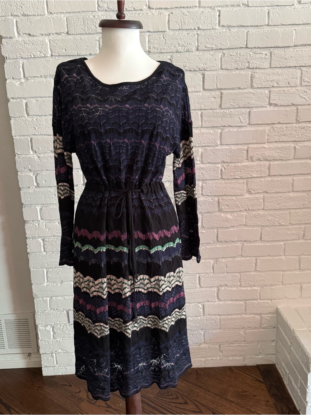 Missoni Black Multicolor Long Sleeve Tie-Waist Dress
